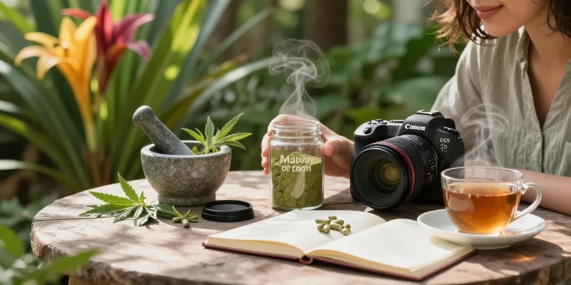 Experience the benefits of green Malay kratom in a tranquil garden setting with herbal tea and natural elements.