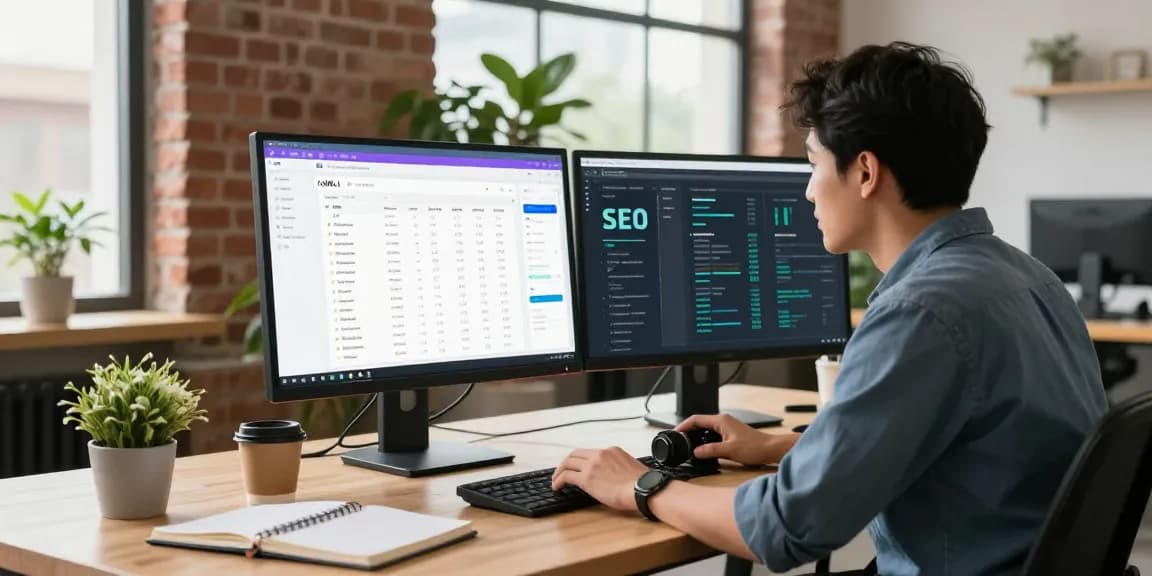 Professional analyzing AI SEO tools in modern workspace with dual monitors, keywords and content metrics displayed.