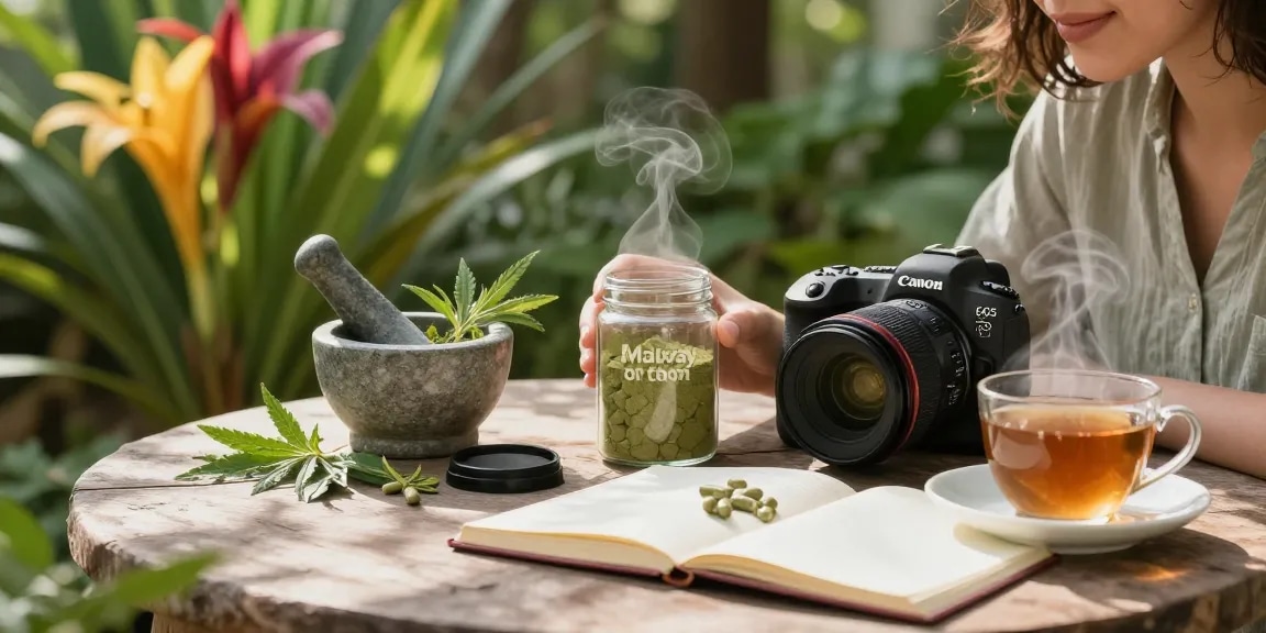 Experience the benefits of green Malay kratom in a tranquil garden setting with herbal tea and natural elements.