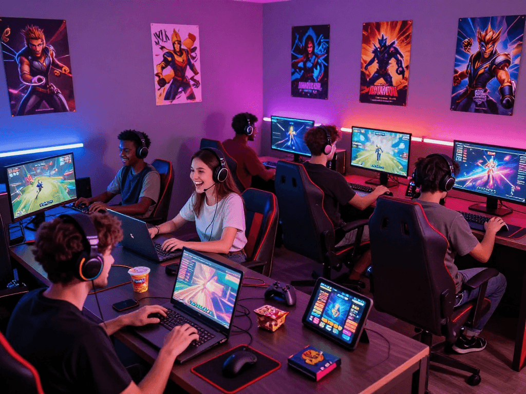 Players enjoying various porngames in a vibrant gaming room with immersive atmosphere.