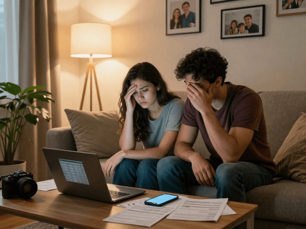 Couple managing their debt at home, budgeting together amidst financial stress with bills scattered.
