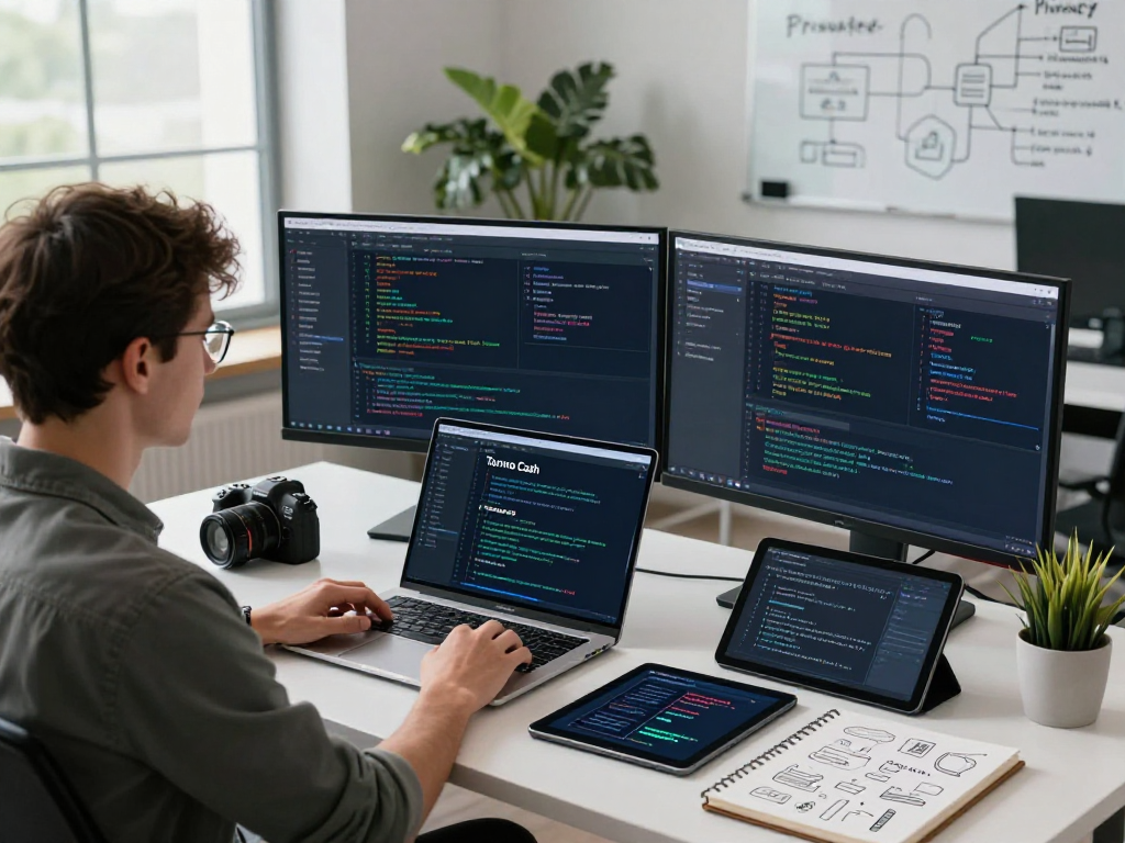 Blockchain developer working on tornardocash privacy protocols in a modern tech workspace.