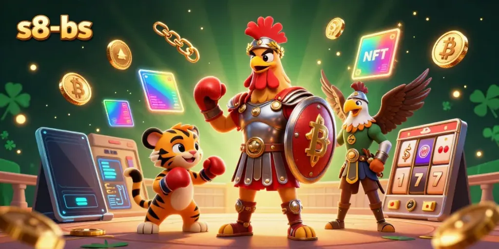 Experience thrilling casino action with s8-bs featuring a gladiator rooster, tiger cub, and winning gaming elements.