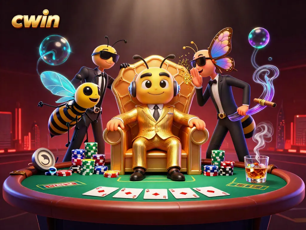 Experience vibrant 3D luxury as CWIN unites poker elements with cartoon charm in an engaging casino scene.