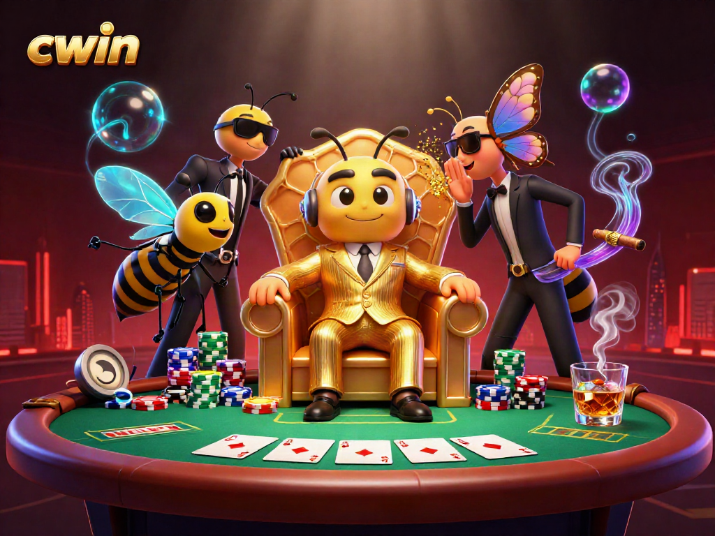 Experience vibrant 3D luxury as CWIN unites poker elements with cartoon charm in an engaging casino scene.