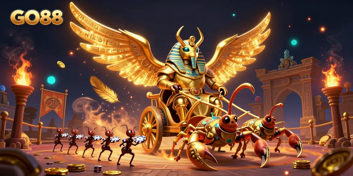Experience thrilling gameplay at GO88 with a vibrant scene featuring a golden scarab and intense action.