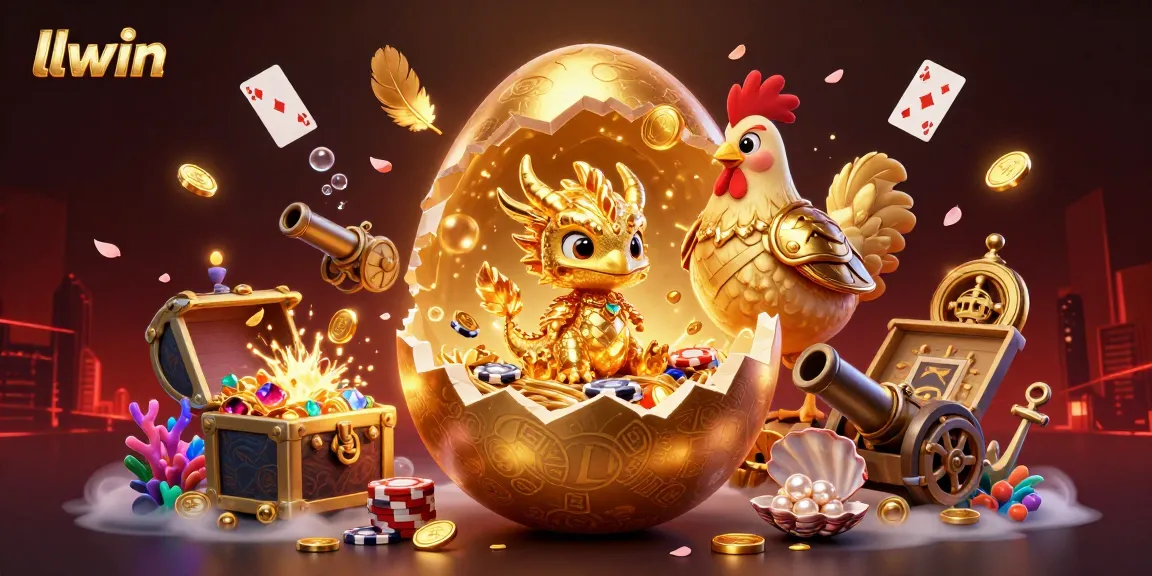 Win big with LLWIN's dazzling casino experience featuring golden dragon and poker chips, shining treasures, and vibrant effects.
