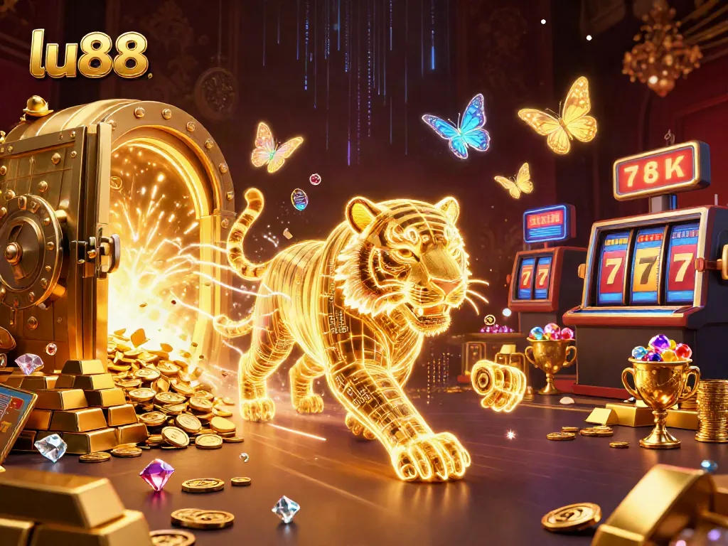 Experience the dazzling excitement of lu88 with a neon tiger in a packed casino scene filled with treasures.