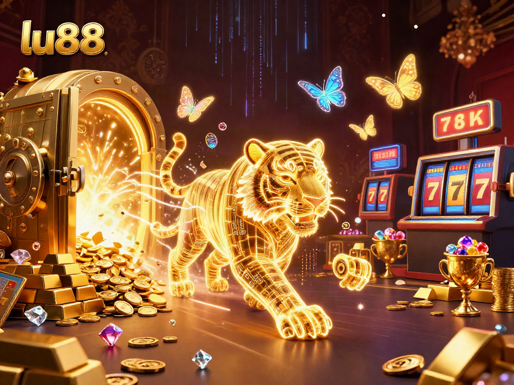 Experience the dazzling excitement of lu88 with a neon tiger in a packed casino scene filled with treasures.