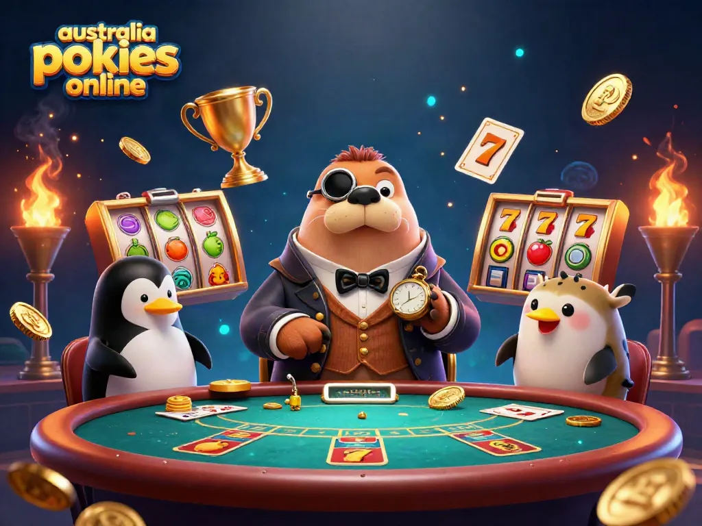 Enjoy thrilling gameplay at australia pokies online with our engaging cartoon illustration featuring colorful slot elements.