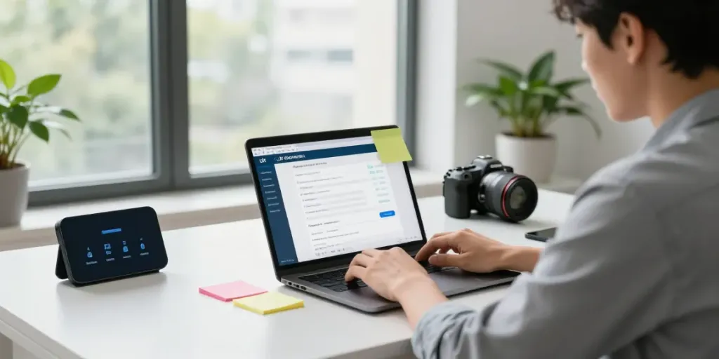 .uk domain registration workspace with a professional typing on a laptop in a bright office.
