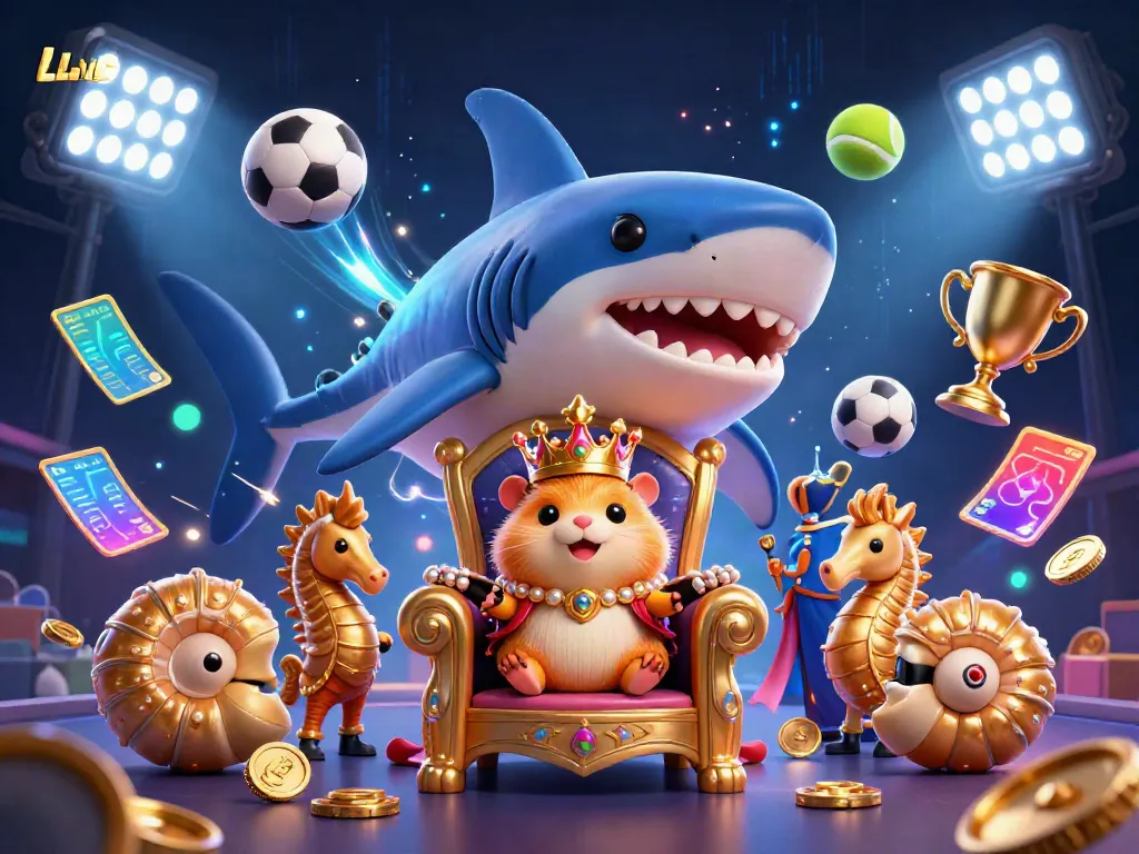 Experience the thrill of LLWIN with a dynamic 3D illustration of a golden hamster king and seahorse guards in casino action.