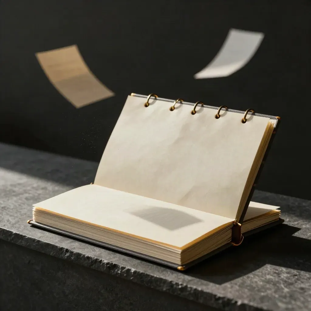 Ivory supplier-search binder, paper slips and brass-accent tray against a dark atmospheric void.