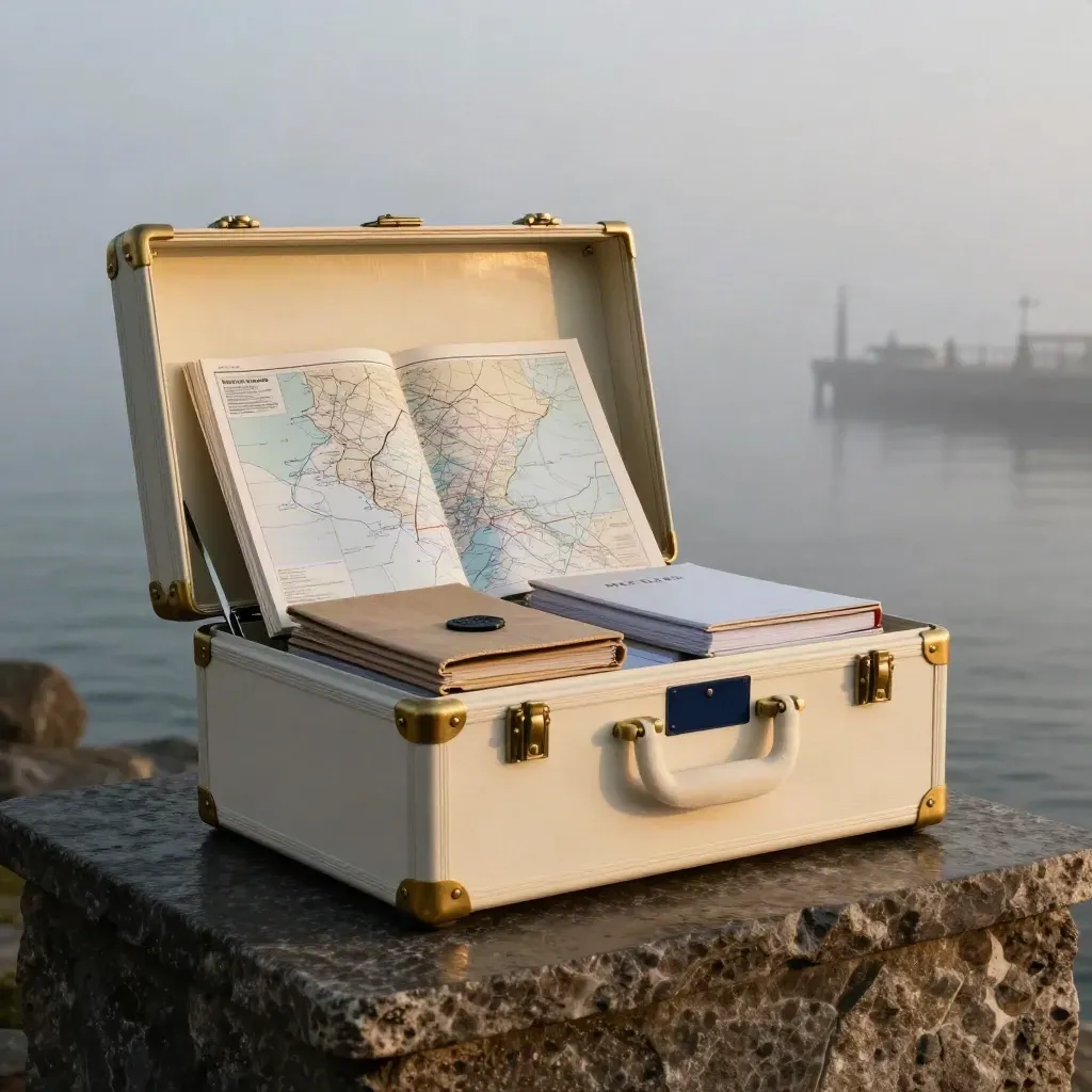 Cream trade case with binders and customs pouch on dark stone, lit by cold coastal mist.