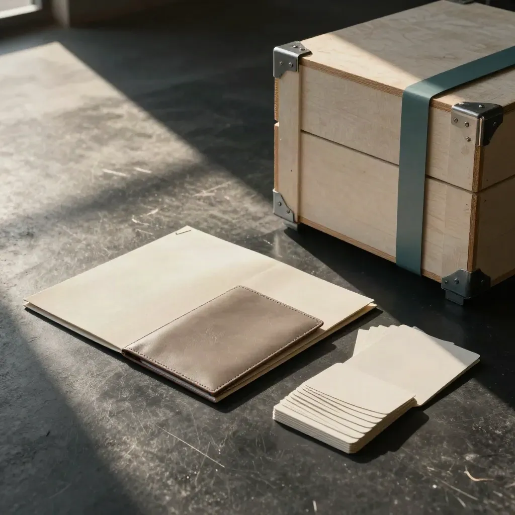 Trade planning kit beside freight crates in dramatic dockside morning light.