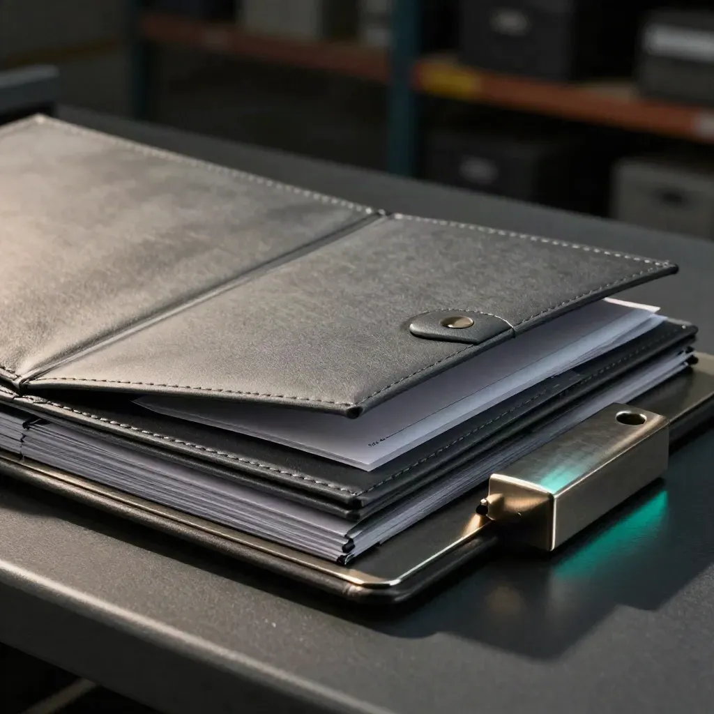 Graphite freight quote folder with sleeves and metal paperweight under dramatic side light.