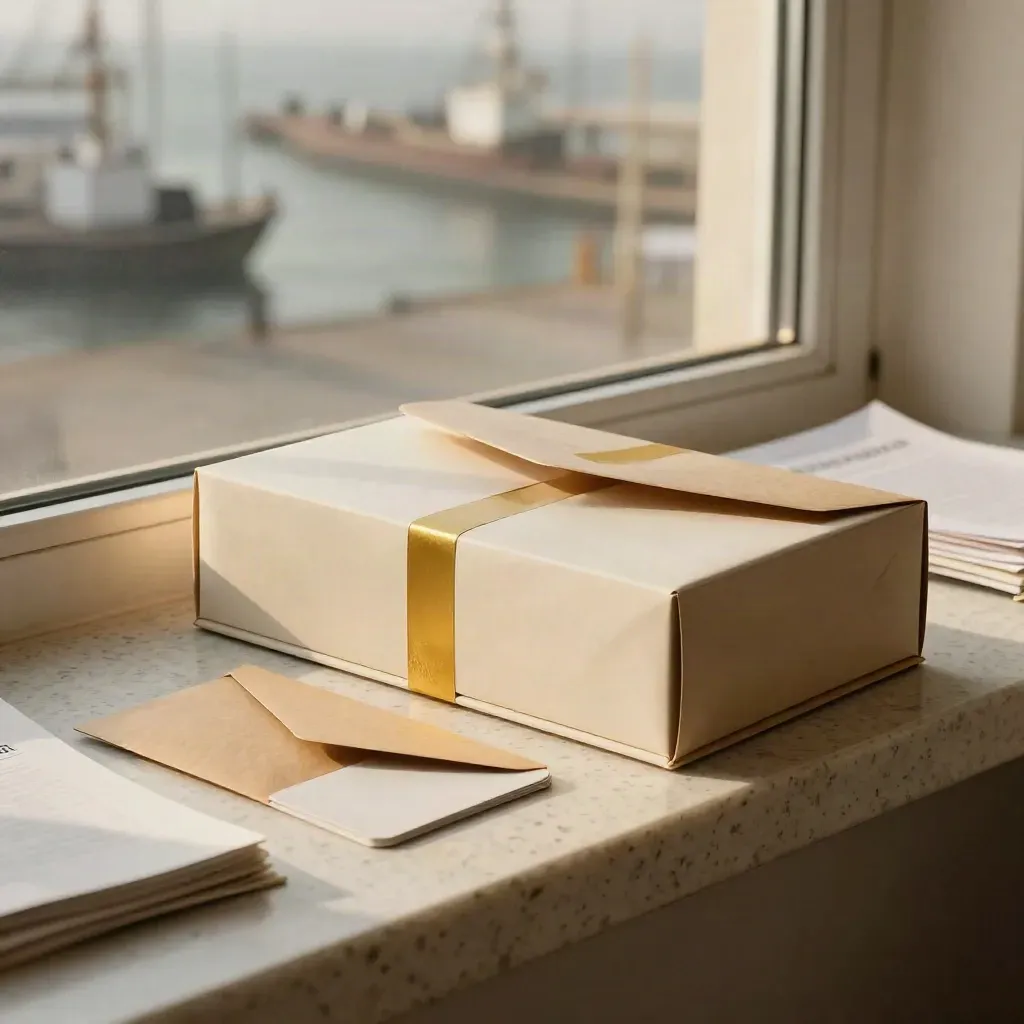 Warehouse-window trade index box with kraft envelope, blank dividers and face-down cards