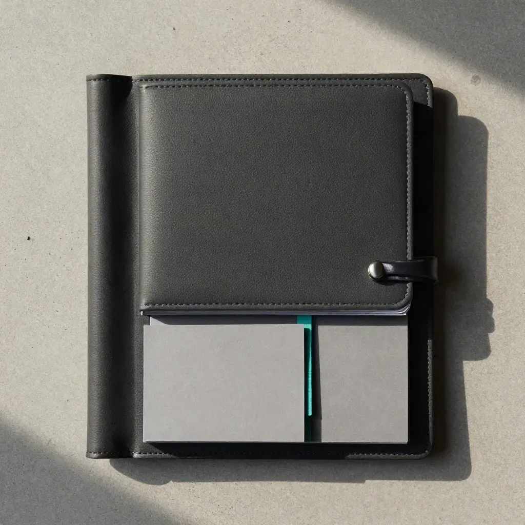 Overhead flatlay of a charcoal compliance folder, sealed pouch, folded cards and teal-accent clips.