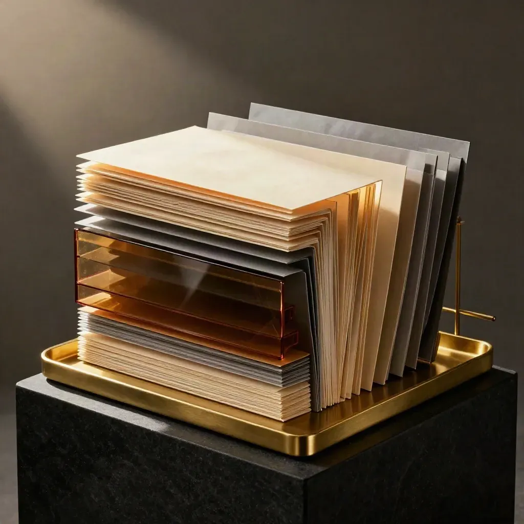 Dramatic stack of trade folders and brass tray in low studio light on a dark plinth.