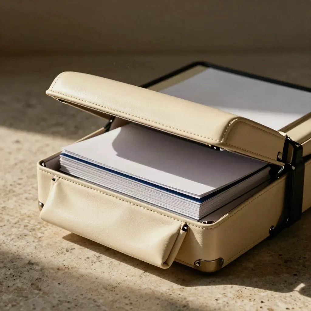 Cream accordion file case partly open on travertine with layered inserts and a folded pouch.