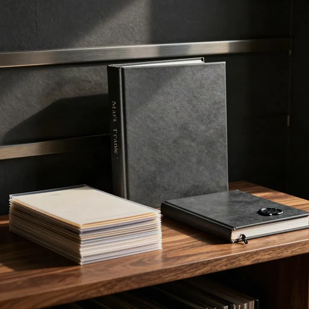 Charcoal dossier box with sealed sample cards and binder spine on a walnut plinth.
