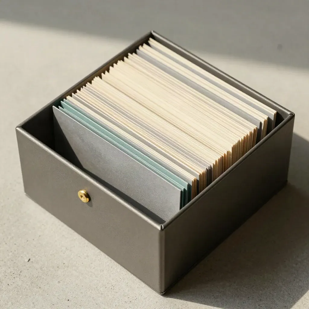Overhead flatlay of a square archival card box with divider tabs and a brass fastener on pale concrete.