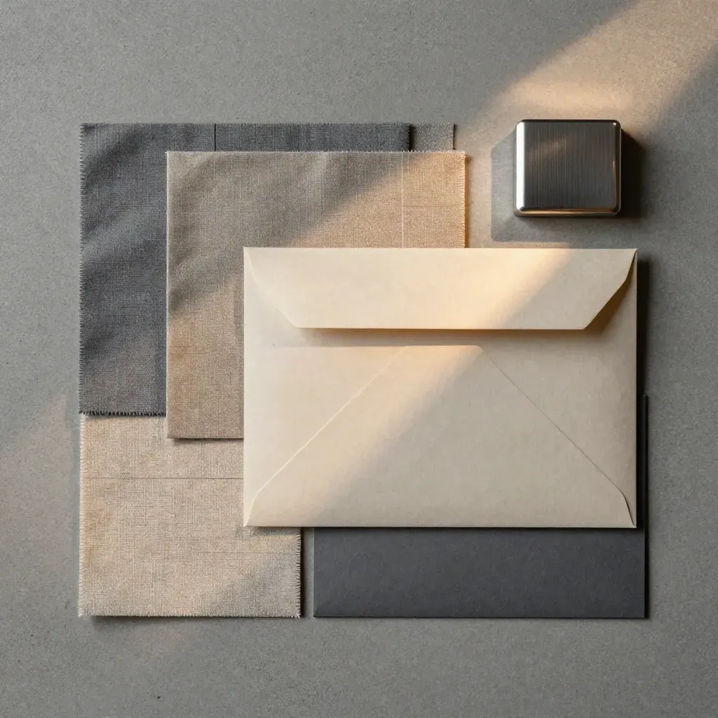 Overhead flat lay of sample swatches, sealed envelope and weighted paper block on cool concrete.
