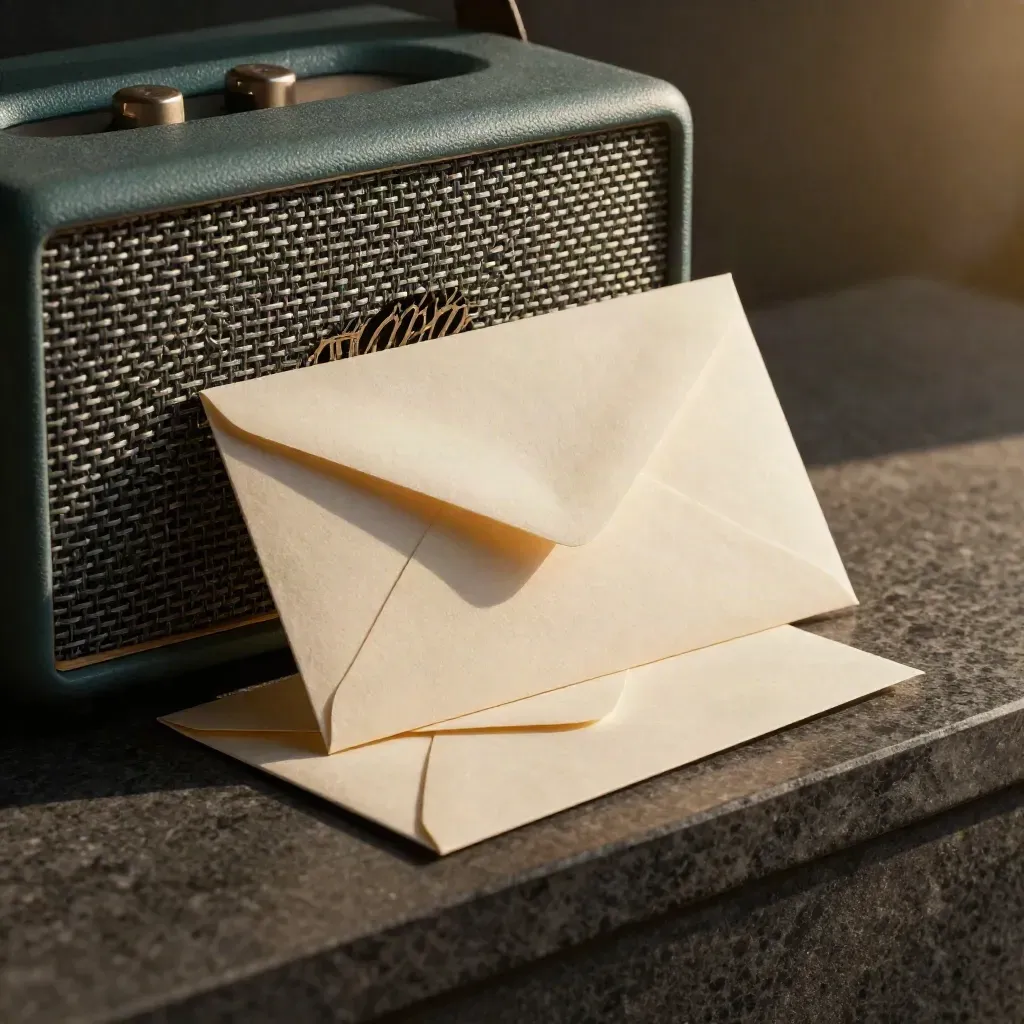 Blank appointment cards, folded envelope and compact speaker in dramatic raking light.