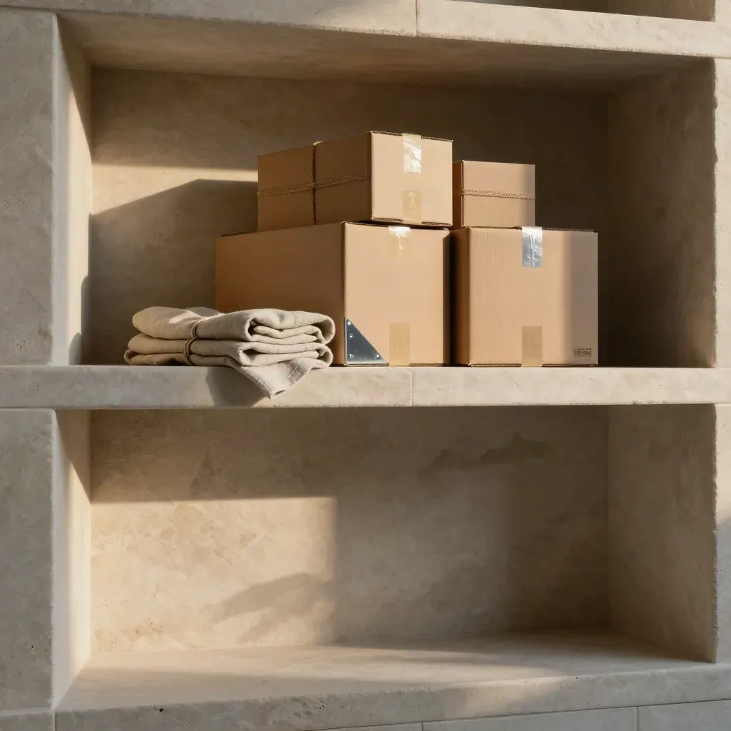 Sunlit limestone landing with export cartons, linen cloth and blurred freight silhouettes