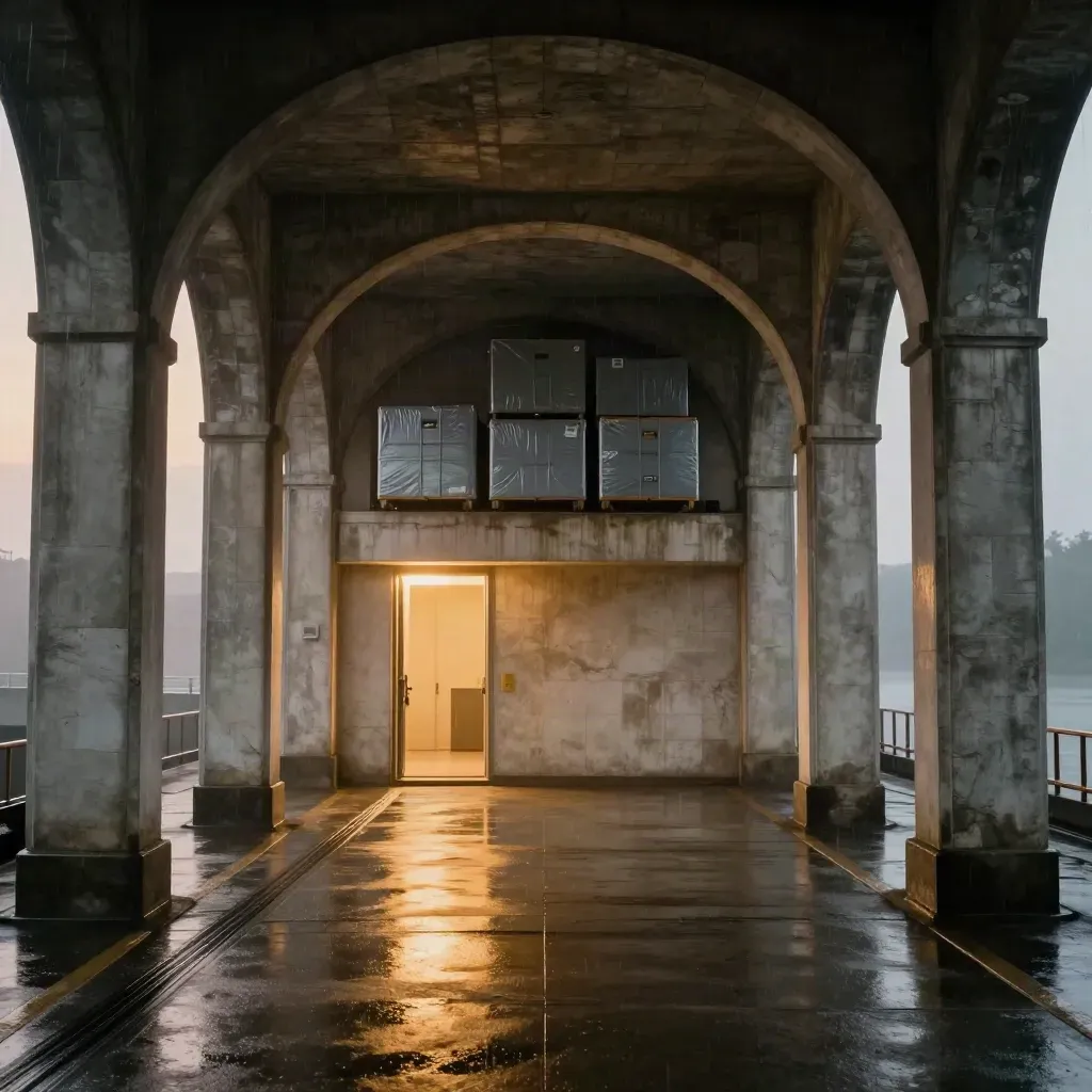Rain-dark arched loading corridor with a glowing doorway, wet floor, and drifting mist.