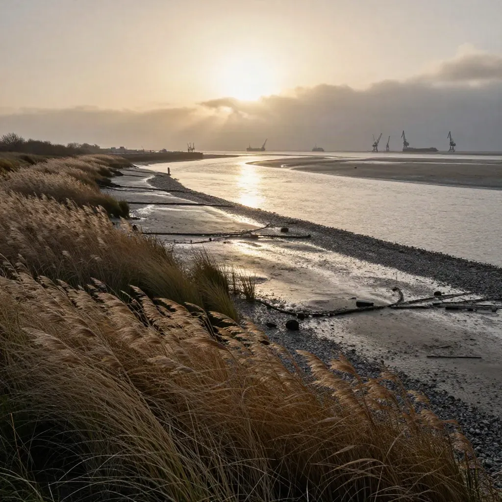 Sunrise over an estuary bank with distant port cranes, ships, mist and a calm tidal foreground.
