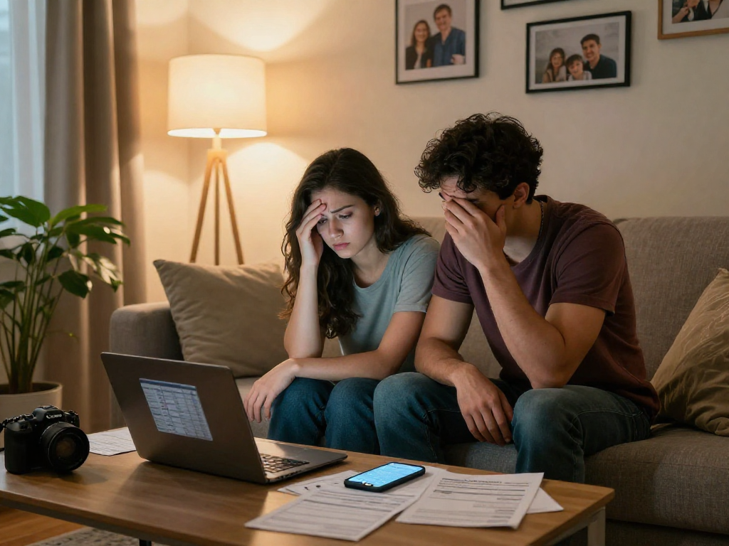 Couple managing their debt at home, budgeting together amidst financial stress with bills scattered.