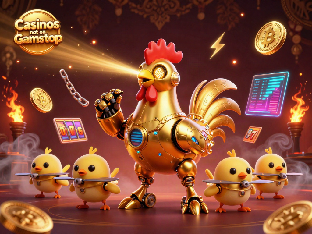 Engage in dynamic gaming with casinos not on Gamstop showcasing vibrant crypto coins and slot elements.