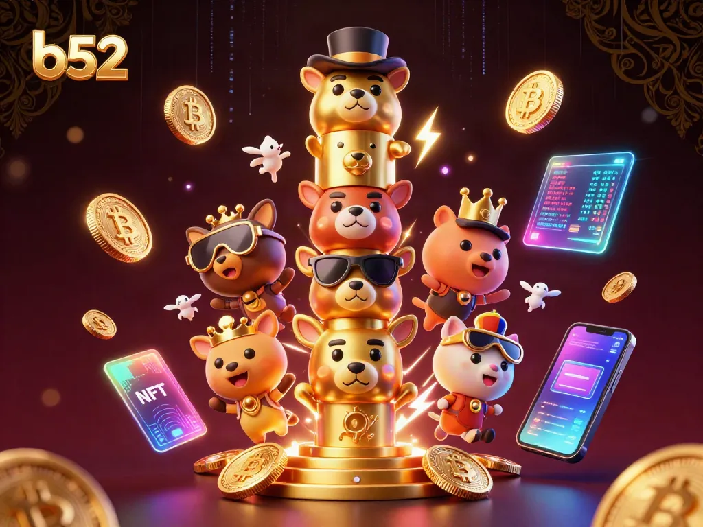 Win big with b52 games showcased in a vibrant 3D casino illustration filled with cryptocurrency elements.