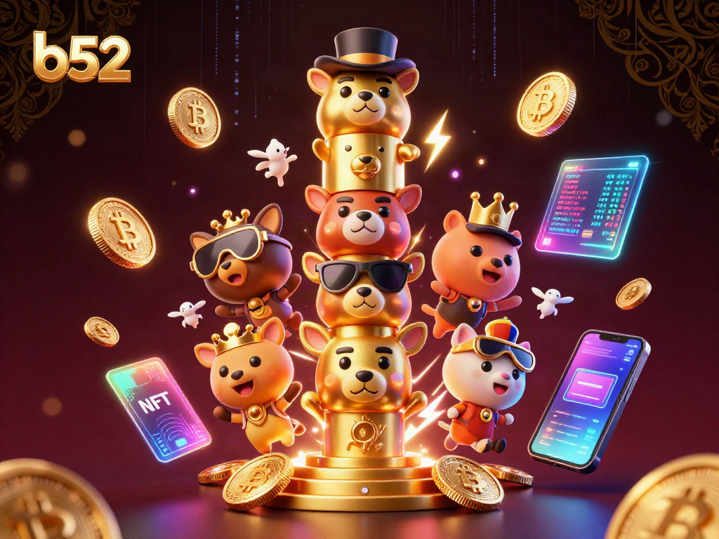 Win big with b52 games showcased in a vibrant 3D casino illustration filled with cryptocurrency elements.