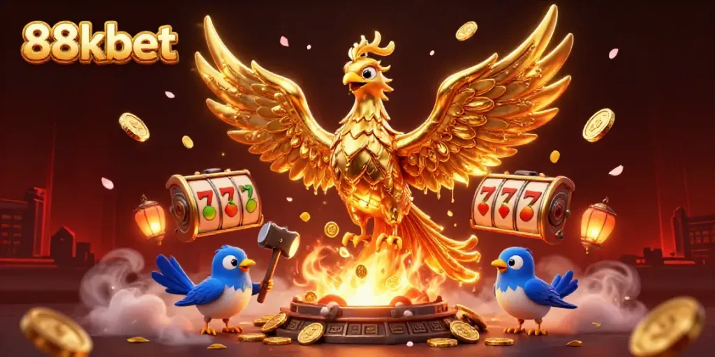 Experience the exhilarating world of 88kbet through a vibrant 3D casino illustration featuring a golden phoenix and slot game elements.