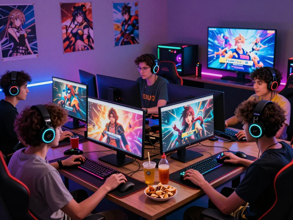 Players enjoying hentai games in a lively gaming room with engaging screens and colorful decor.
