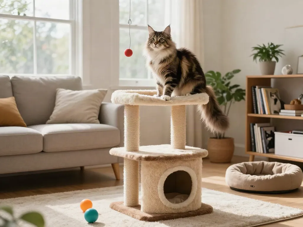 Playful cat on a stylish cat cat tree in a cosy living room.