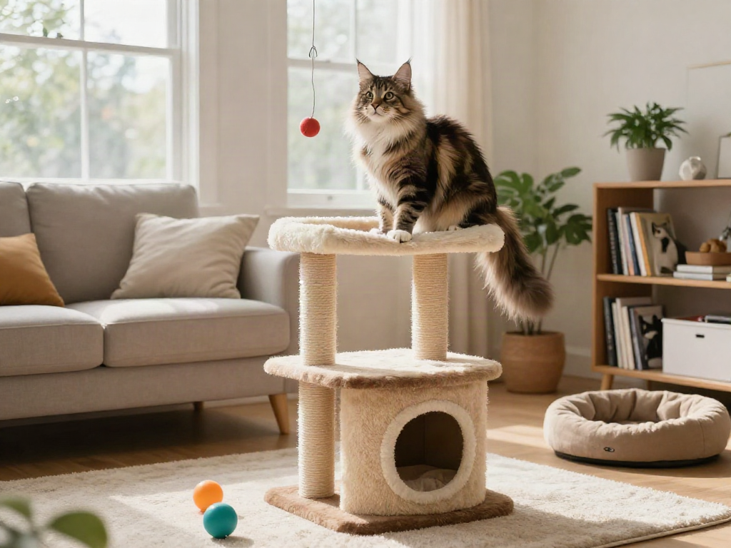 Playful cat on a stylish cat cat tree in a cosy living room.