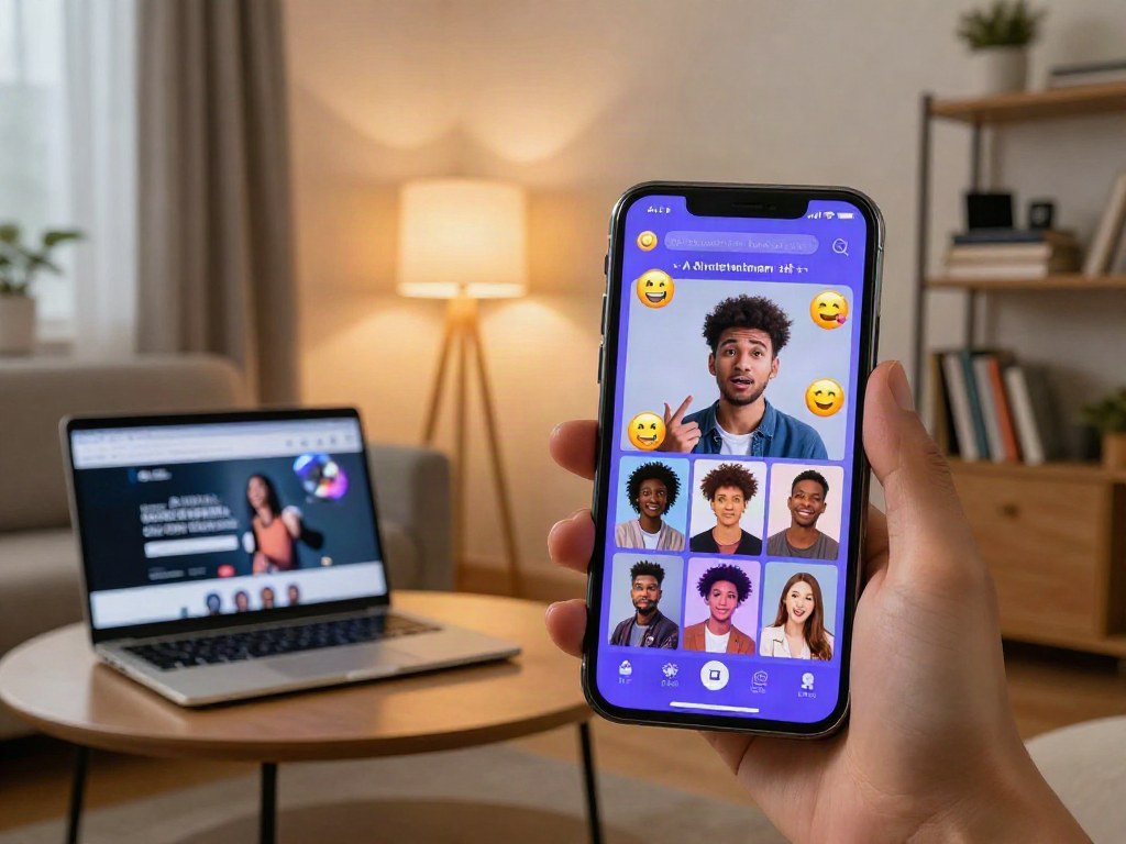 Engaging scene showcasing an interactive AI porn chat on a smartphone in a cozy living room, highlighting personal exploration.
