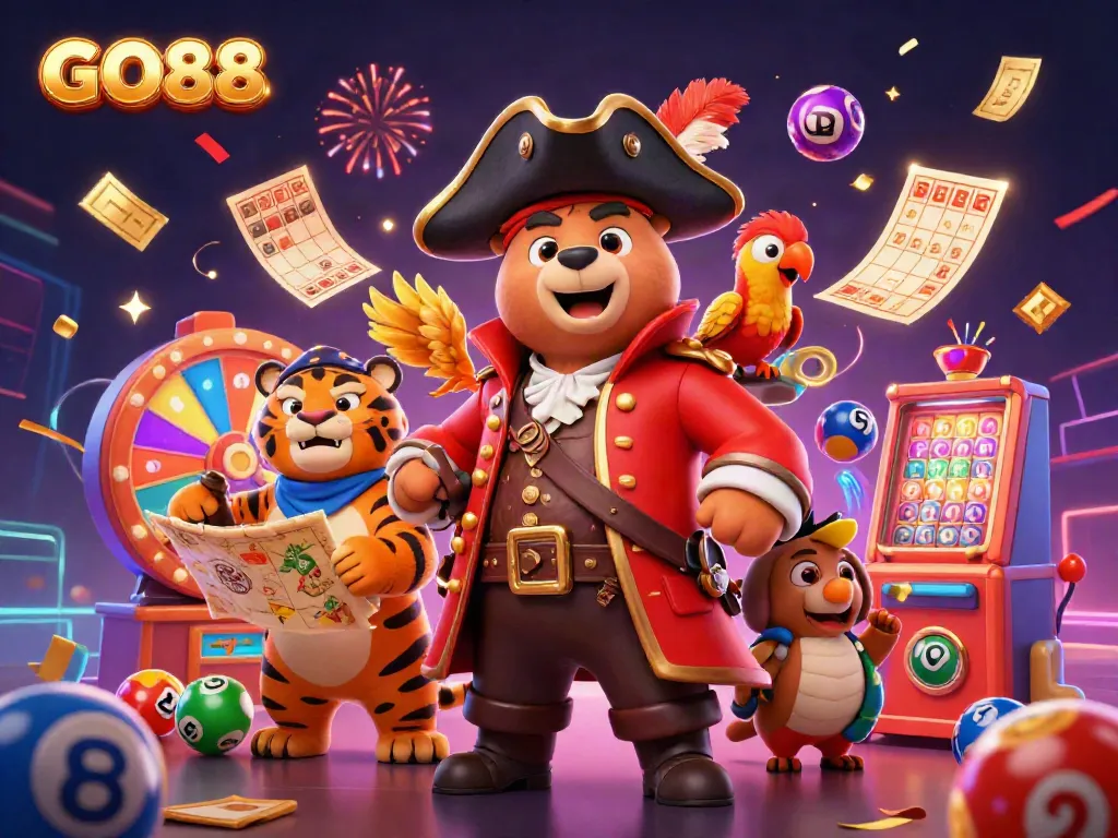 Win big at GO88 with an adventurous pirate, tiger, and golden treasures in this vibrant casino illustration.