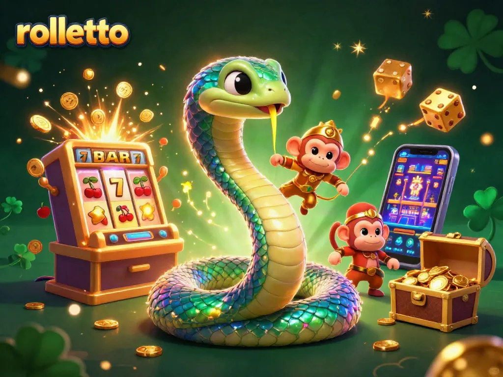 Experience rolletto's vivid jackpot with a colorful slot machine and whimsical characters in this detailed illustration.